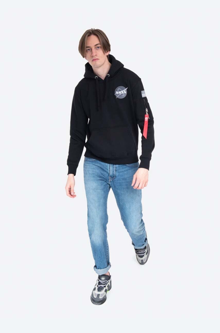 Кофта Alpha Industries Space Shuttle чоловіча колір чорний з капюшоном з принтом 178317.03-black