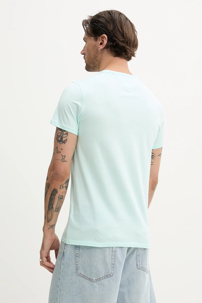 Бавовняна футболка Tommy Jeans чоловіча колір бірюзовий однотонна DM0DM04411