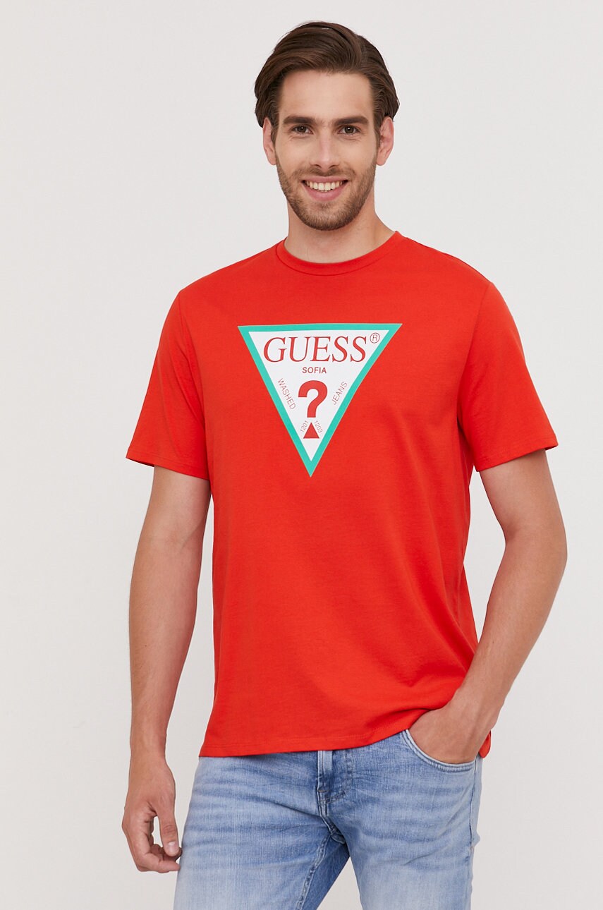 Футболка Guess чоловіча колір помаранчевий з принтом