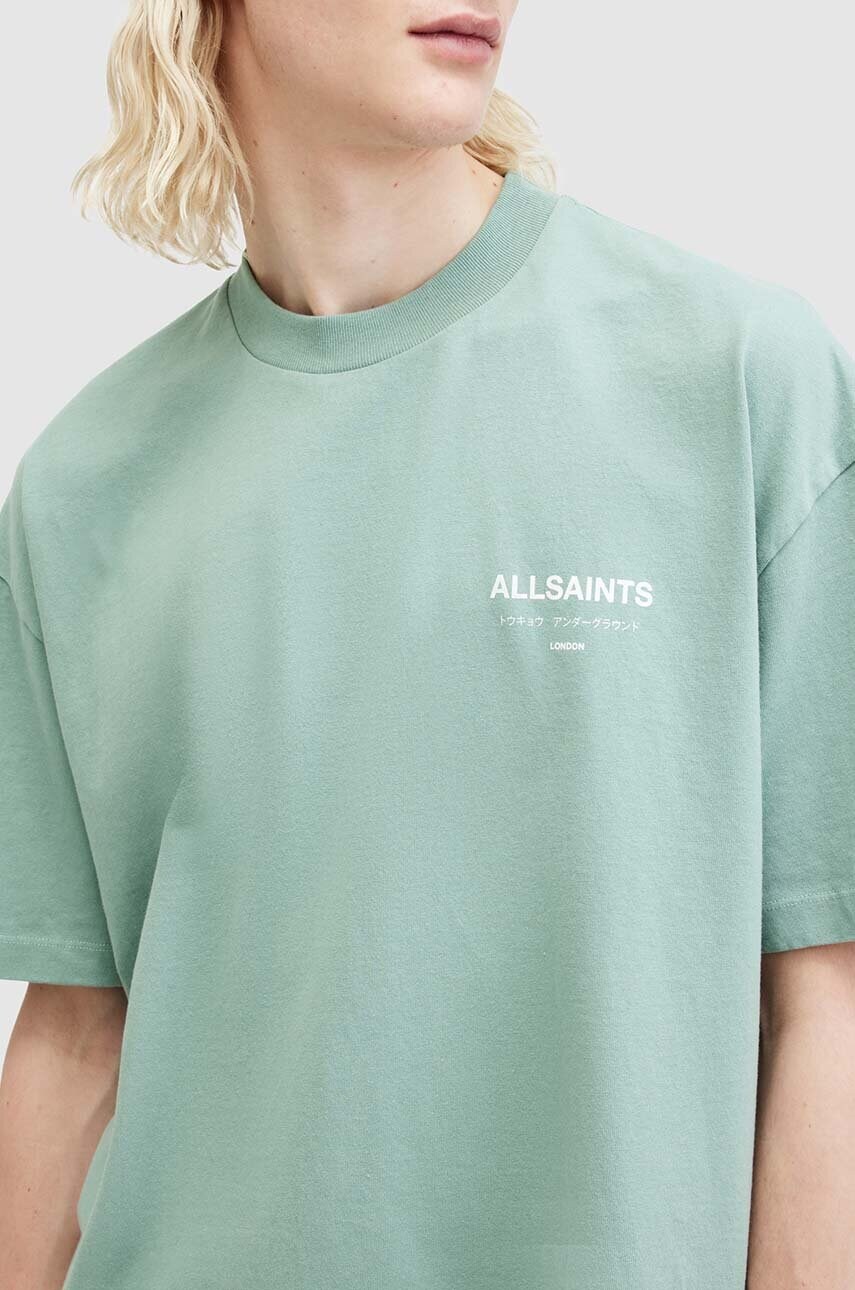 Бавовняна футболка AllSaints UNDERGROUND SS CREW чоловіча колір зелений з принтом