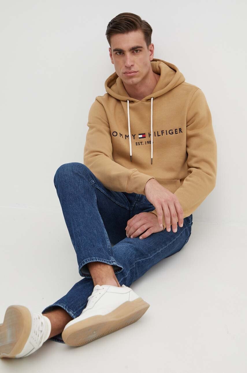 Кофта Tommy Hilfiger чоловіча колір бежевий з капюшоном з аплікацією