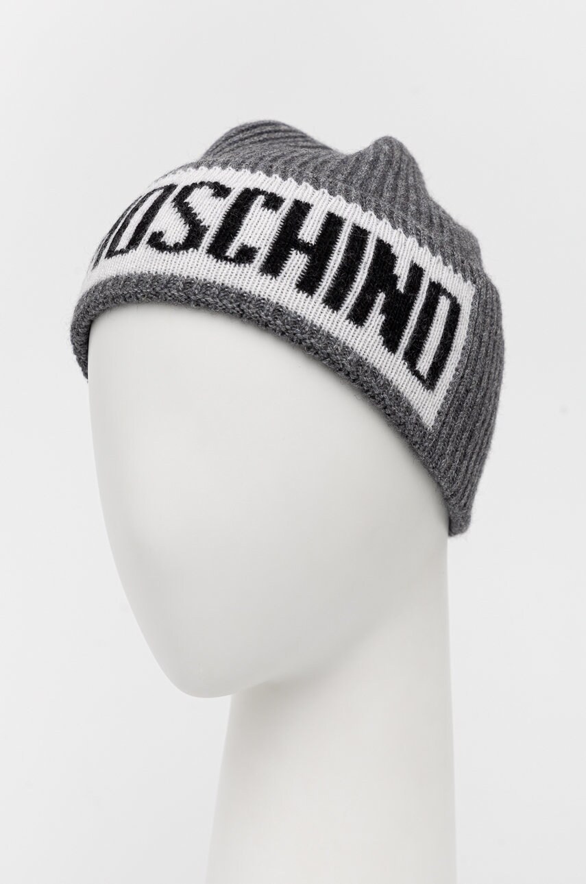Вовняна шапка Moschino колір сірий з товстого трикотажу вовна