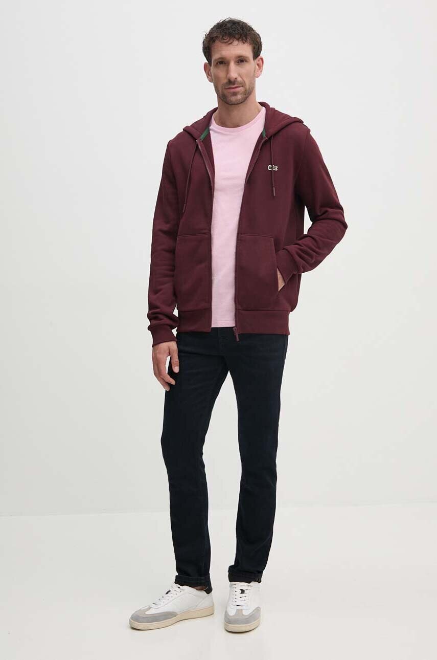 Кофта Lacoste чоловіча колір бордовий з капюшоном однотонна