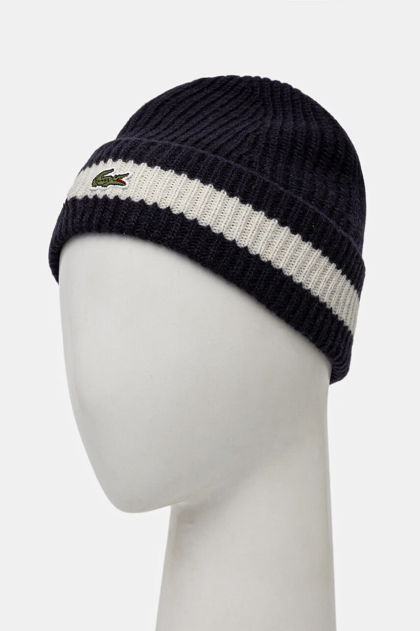 Вовняна шапка Lacoste колір синій з тонкого трикотажу вовна