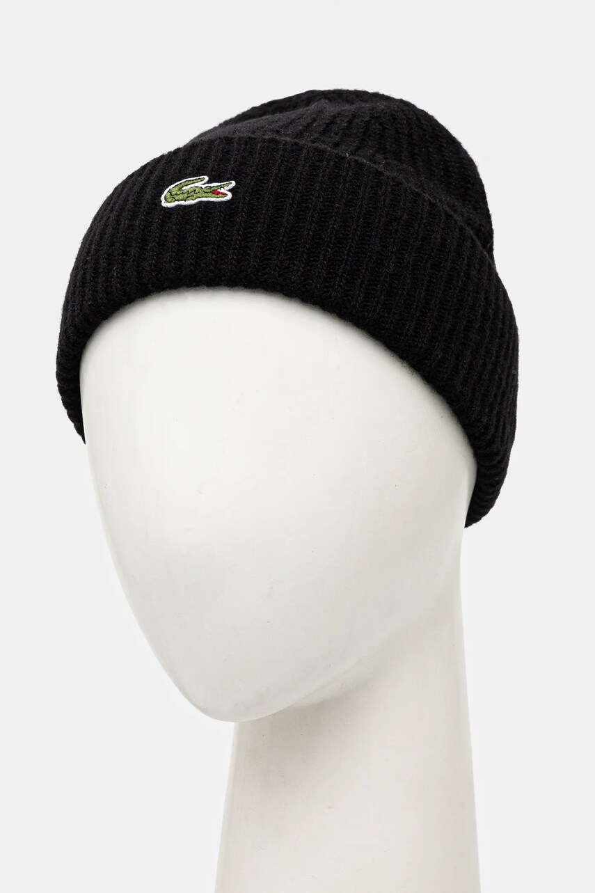 Вовняна шапка Lacoste колір чорний з тонкого трикотажу вовна