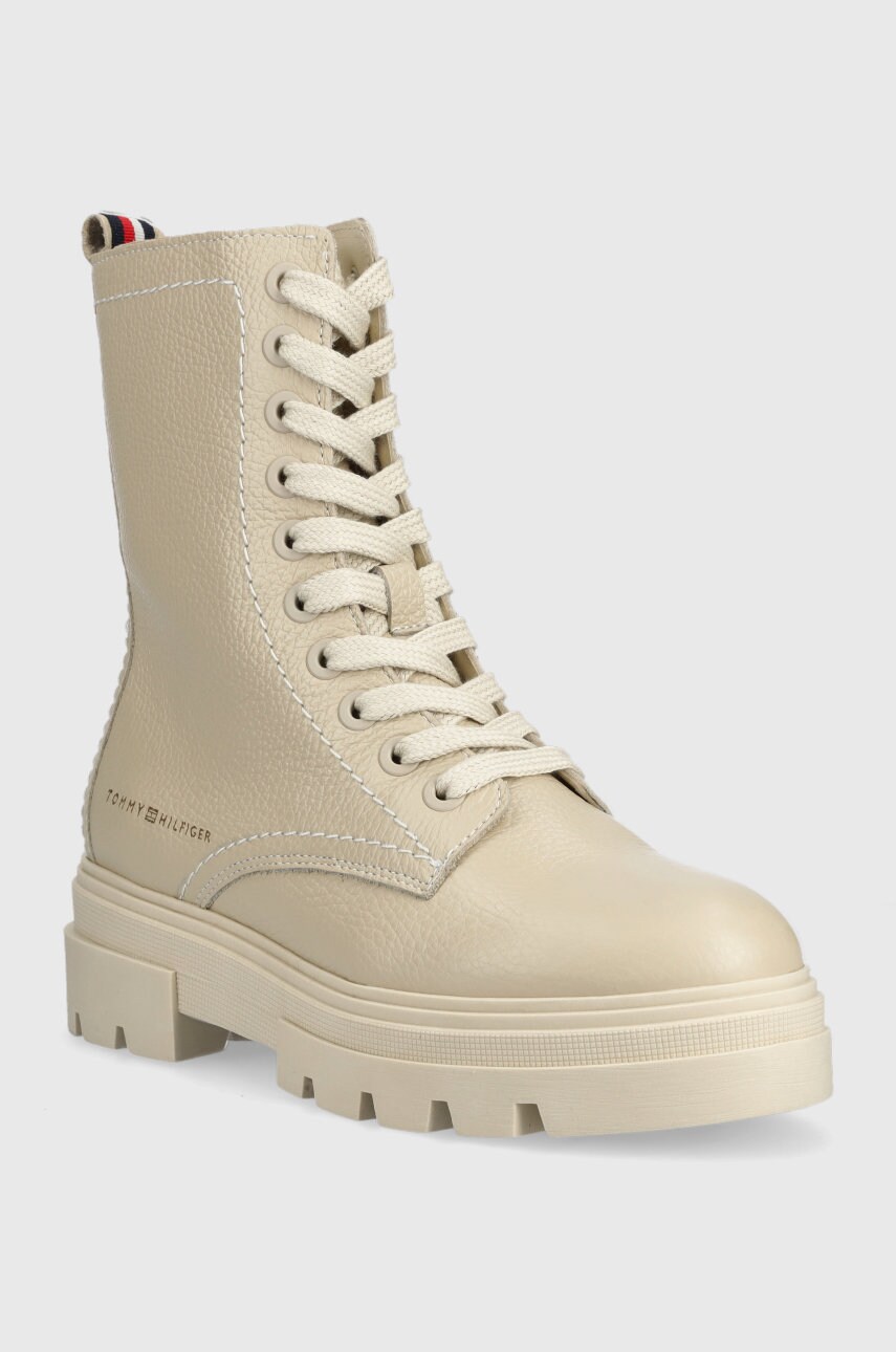 Шкіряні черевики Tommy Hilfiger Monochromatic Lace Up Boot жіночі колір бежевий на плоскому ходу