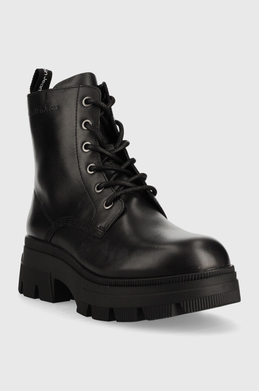 Шкіряні черевики Calvin Klein Jeans Chunky Combat Laceup Boot жіночі колір чорний на плоскому ходу