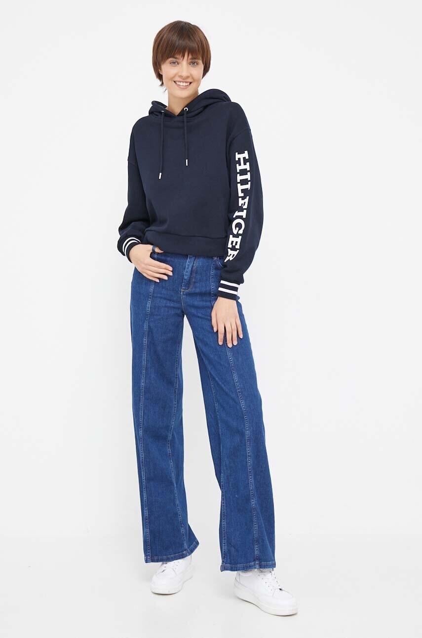 Бавовняна кофта Tommy Hilfiger жіноча колір синій з капюшоном з принтом