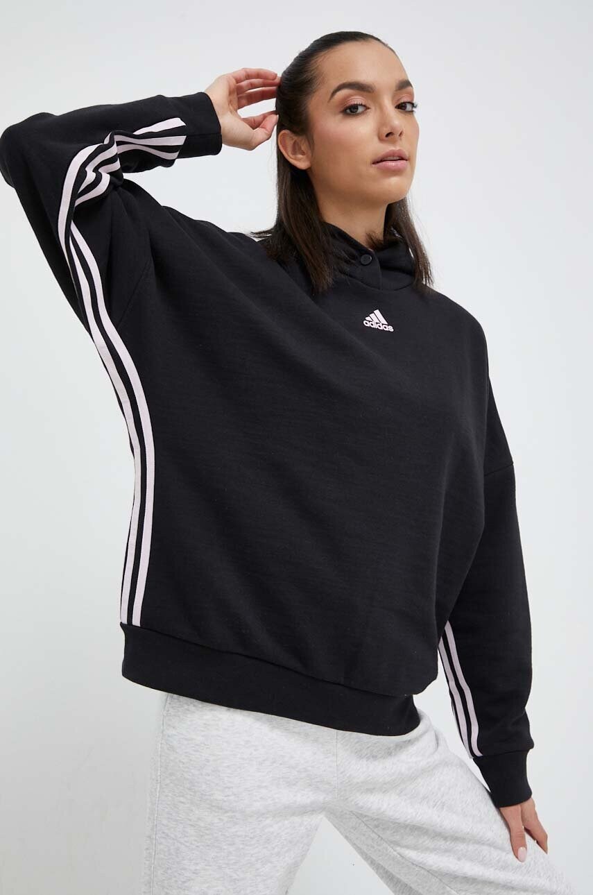 Кофта adidas жіноча колір чорний з капюшоном з аплікацією