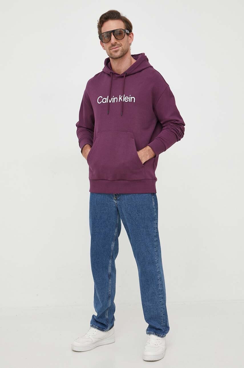 Бавовняна кофта Calvin Klein чоловіча колір фіолетовий з капюшоном з аплікацією