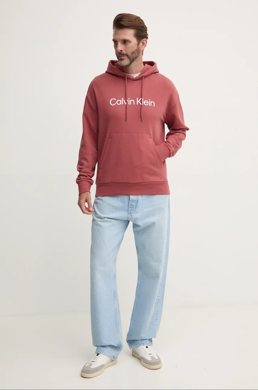 Бавовняна кофта Calvin Klein чоловіча колір фіолетовий з капюшоном з аплікацією