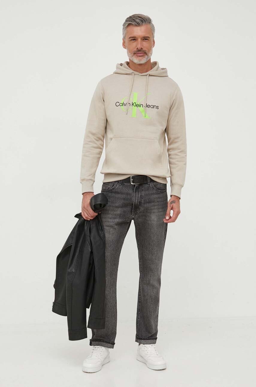 Бавовняна кофта Calvin Klein Jeans чоловіча колір бежевий з капюшоном з принтом