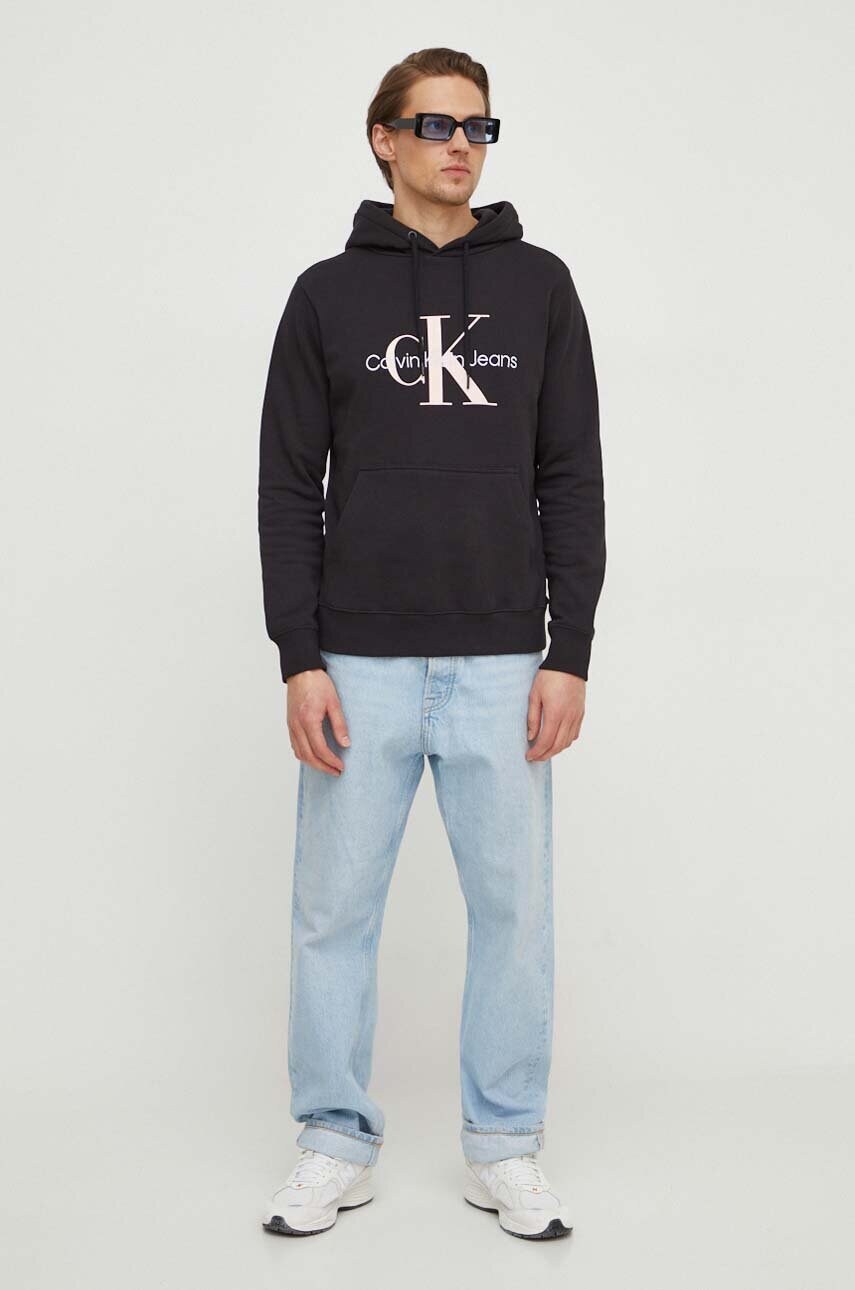 Бавовняна кофта Calvin Klein Jeans чоловіча колір чорний з капюшоном з принтом