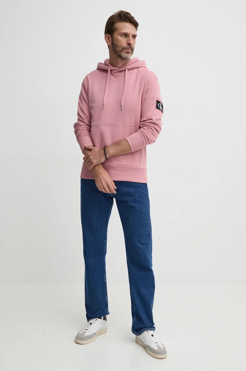 Бавовняна кофта Calvin Klein Jeans чоловіча колір рожевий з капюшоном з аплікацією J30J323430