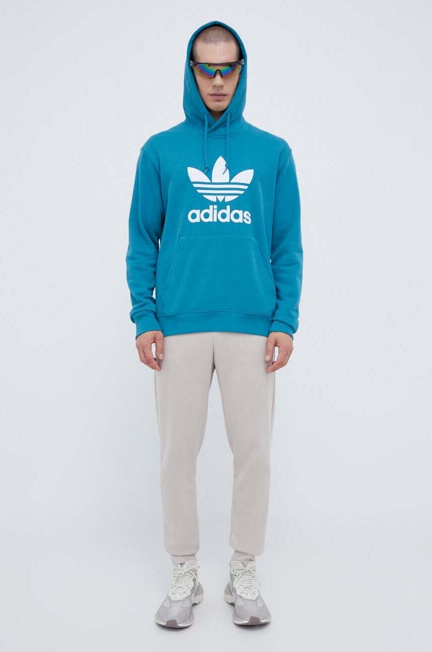 Бавовняна кофта adidas Originals чоловіча колір бірюзовий з капюшоном з принтом
