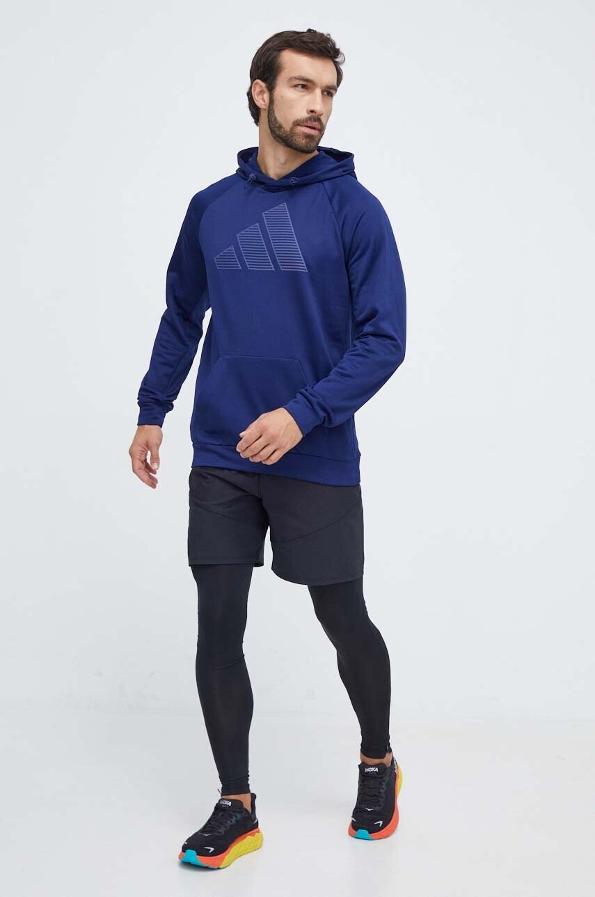 Тренувальна кофта adidas Performance колір синій з капюшоном з принтом