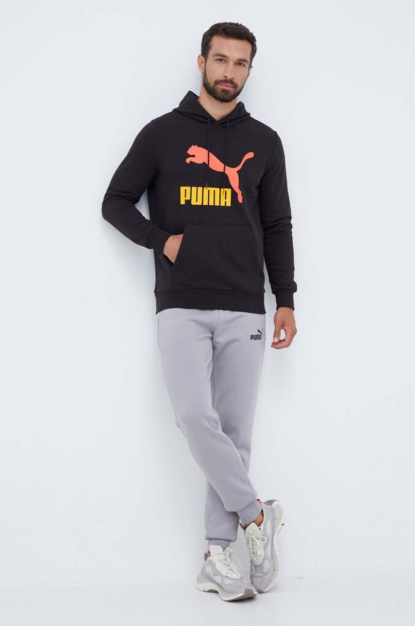 Бавовняна кофта Puma чоловіча колір чорний з капюшоном з принтом