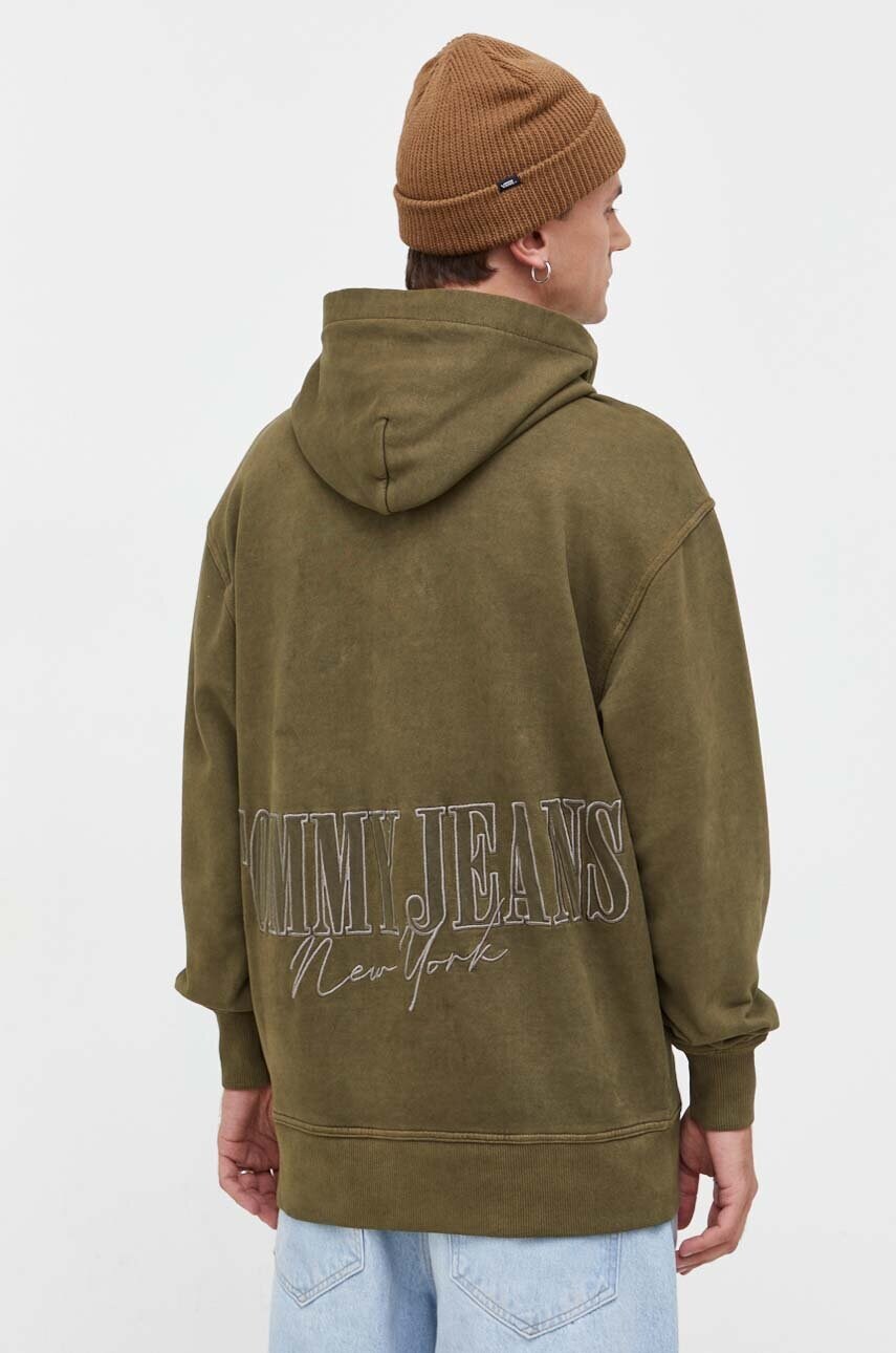 Бавовняна кофта Tommy Jeans чоловіча колір зелений з капюшоном з аплікацією