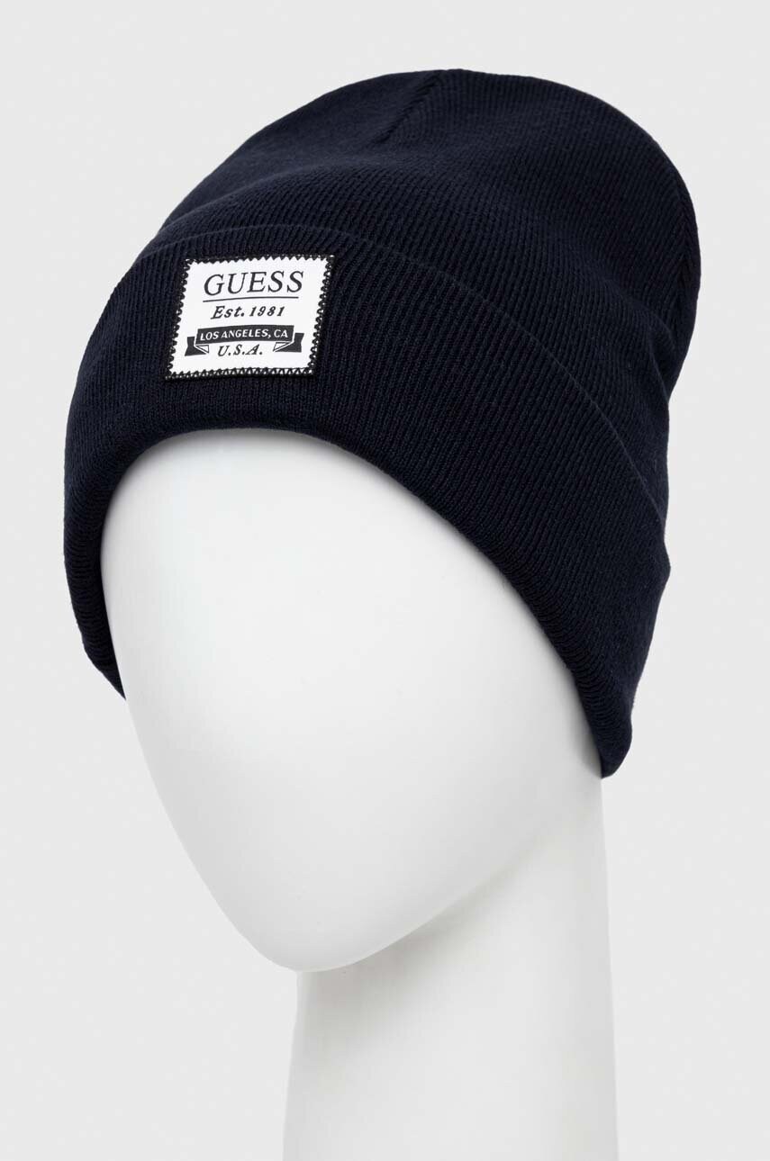 Шапка з домішкою вовни Guess колір синій з товстого трикотажу