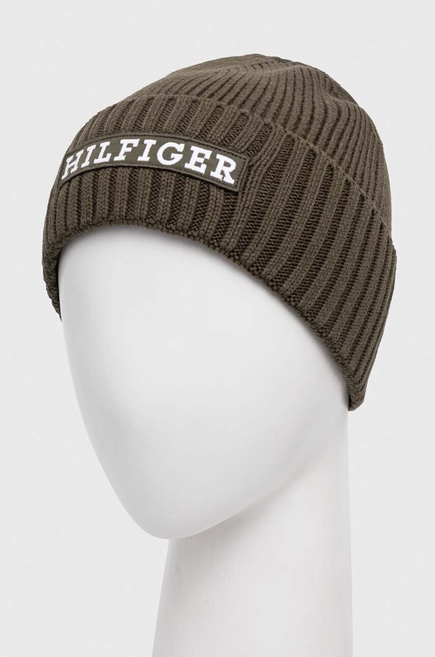 Шапка з домішкою вовни Tommy Hilfiger колір зелений з товстого трикотажу