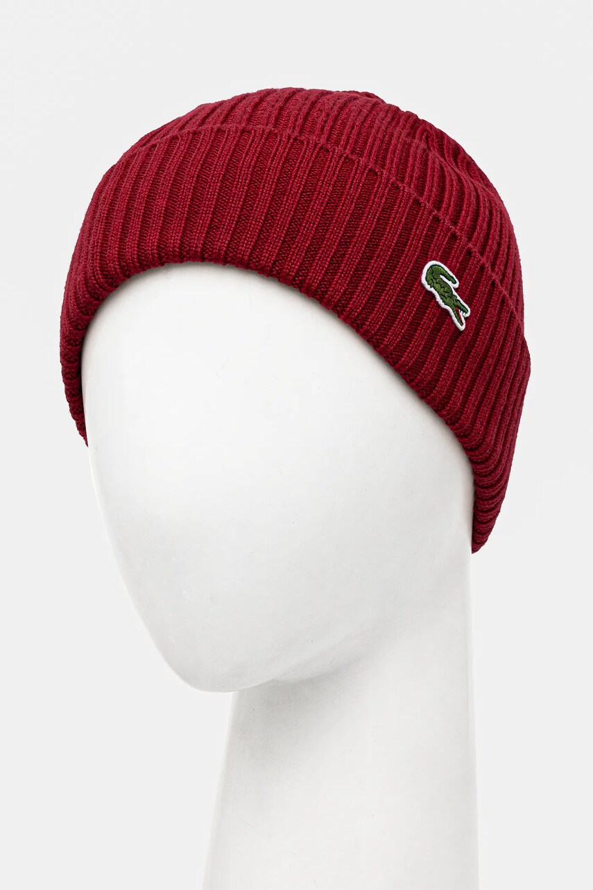 Вовняна шапка Lacoste колір бордовий з тонкого трикотажу вовна RB0001