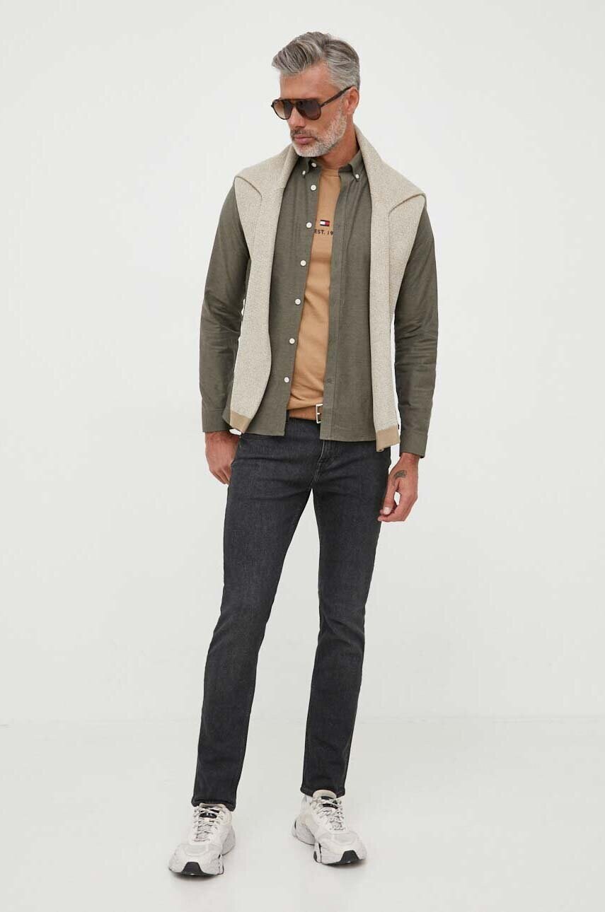 Сорочка Lindbergh чоловіча колір зелений slim комір button-down
