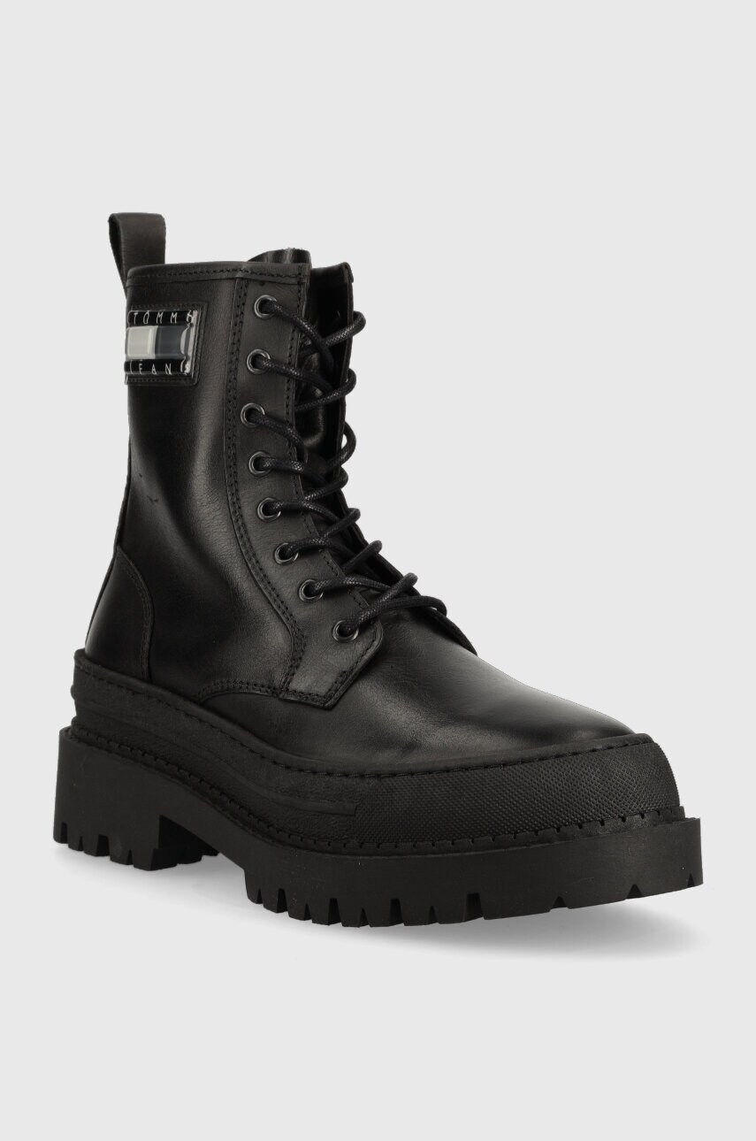 Шкіряні черевики Tommy Jeans TJW FOXING LACE UP жіночі колір чорний на плоскому ходу EN0EN02217