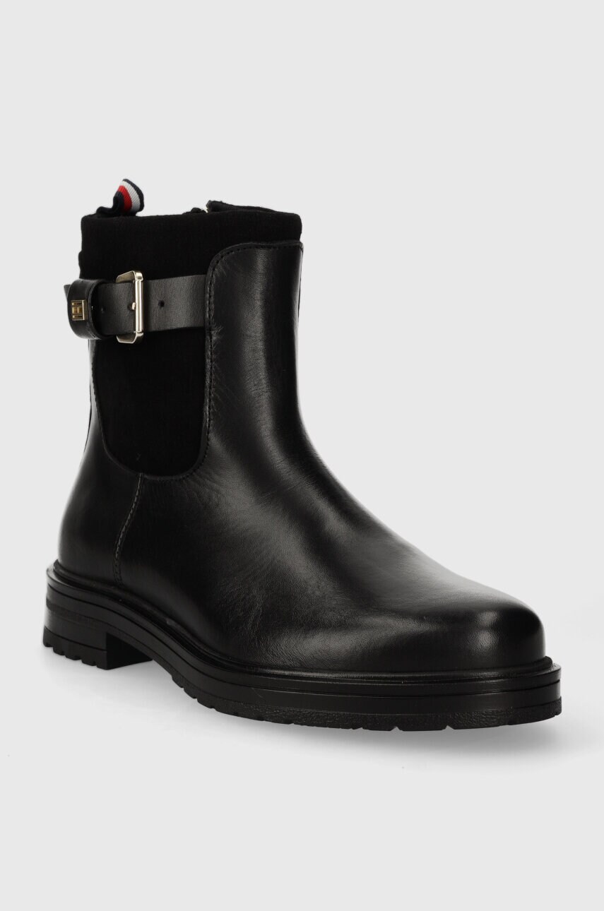 Шкіряні черевики Tommy Hilfiger BELT BOOTIE MATERIAL MIX жіночі колір чорний на плоскому ходу FW0FW07477