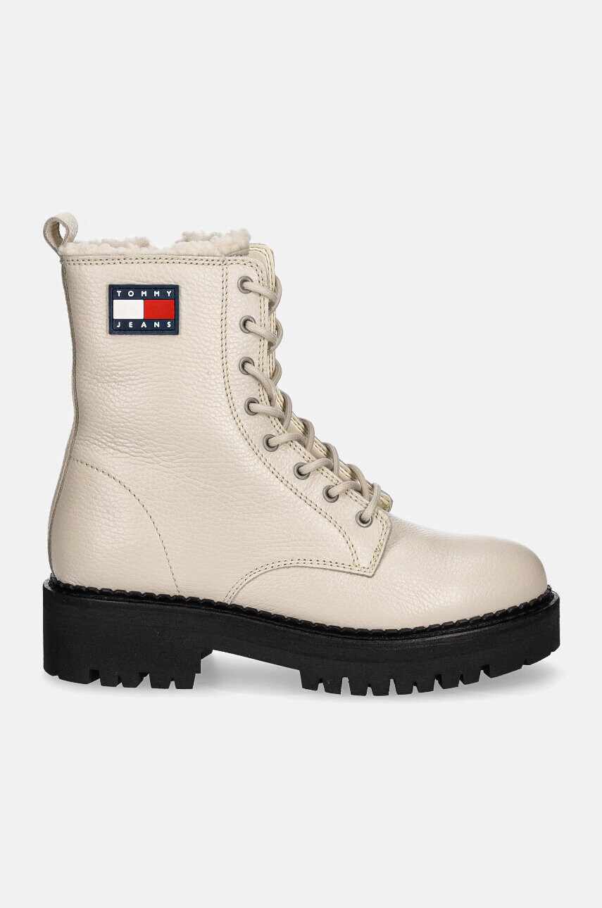 Шкіряні черевики Tommy Jeans TJW URBAN BOOT TUMBLED LTR WL жіночі колір бежевий на плоскому ходу утеплене EN0EN02317