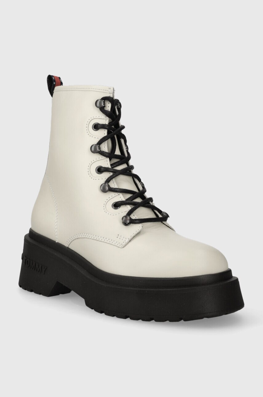 Шкіряні черевики Tommy Jeans TJW LACE UP BOOT CHUNKY жіночі колір бежевий на платформі EN0EN02404