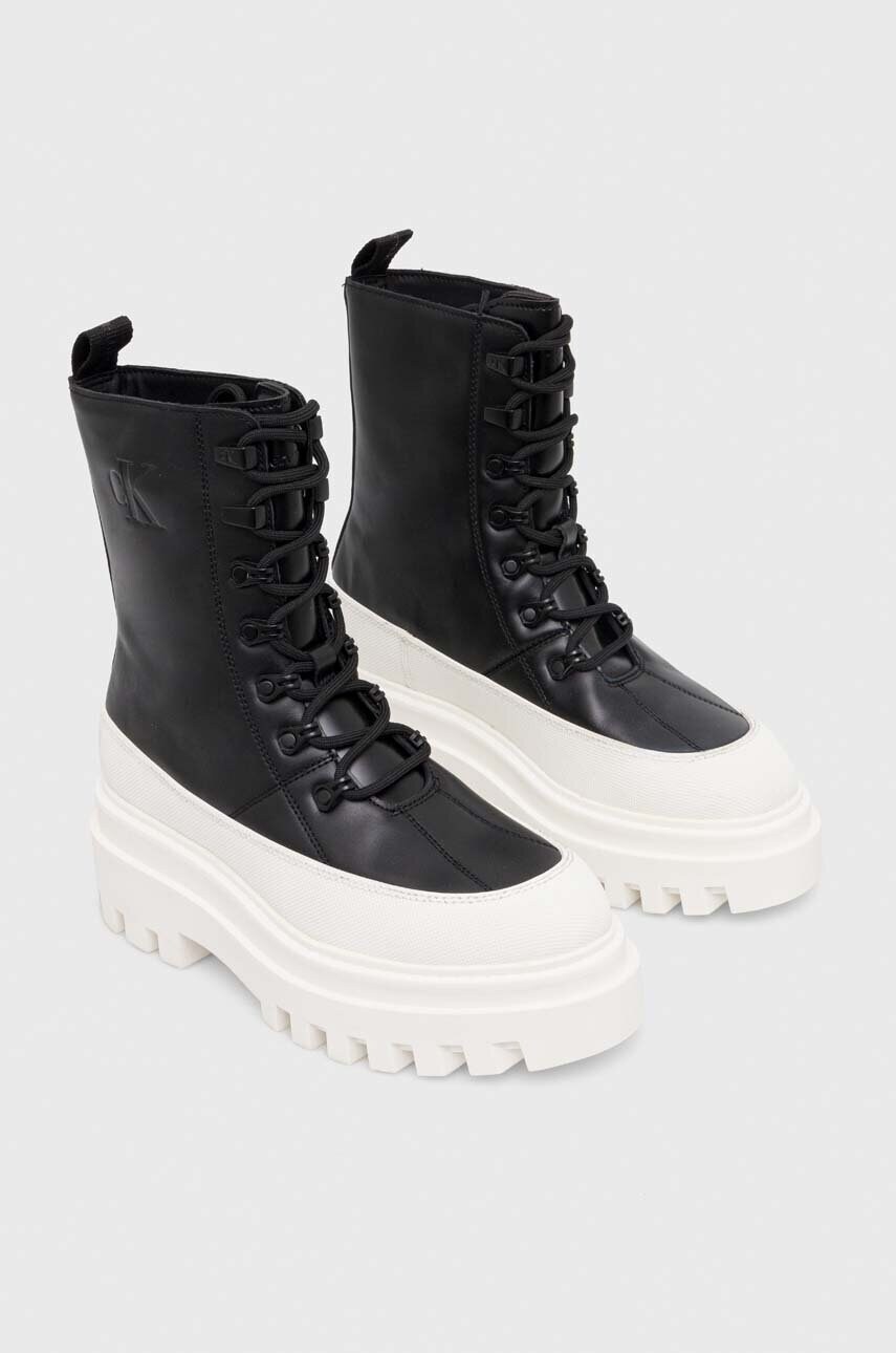 Шкіряні черевики Calvin Klein Jeans FLATFORM LACE UP BOOT LTH жіночі колір чорний на платформі YW0YW01110