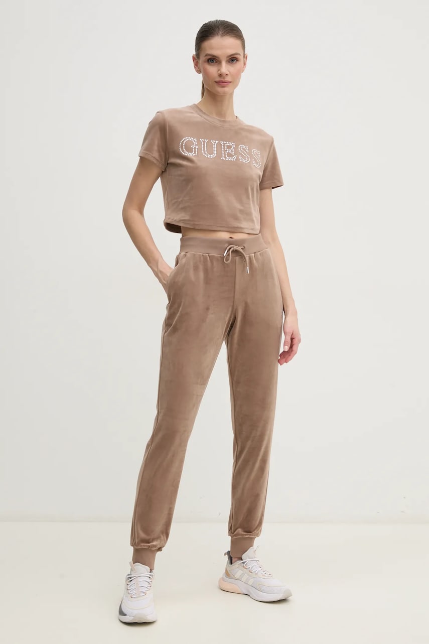 Спортивні штани Guess колір коричневий з аплікацією