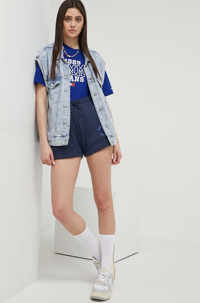 Бавовняні шорти Tommy Jeans колір синій з принтом висока посадка