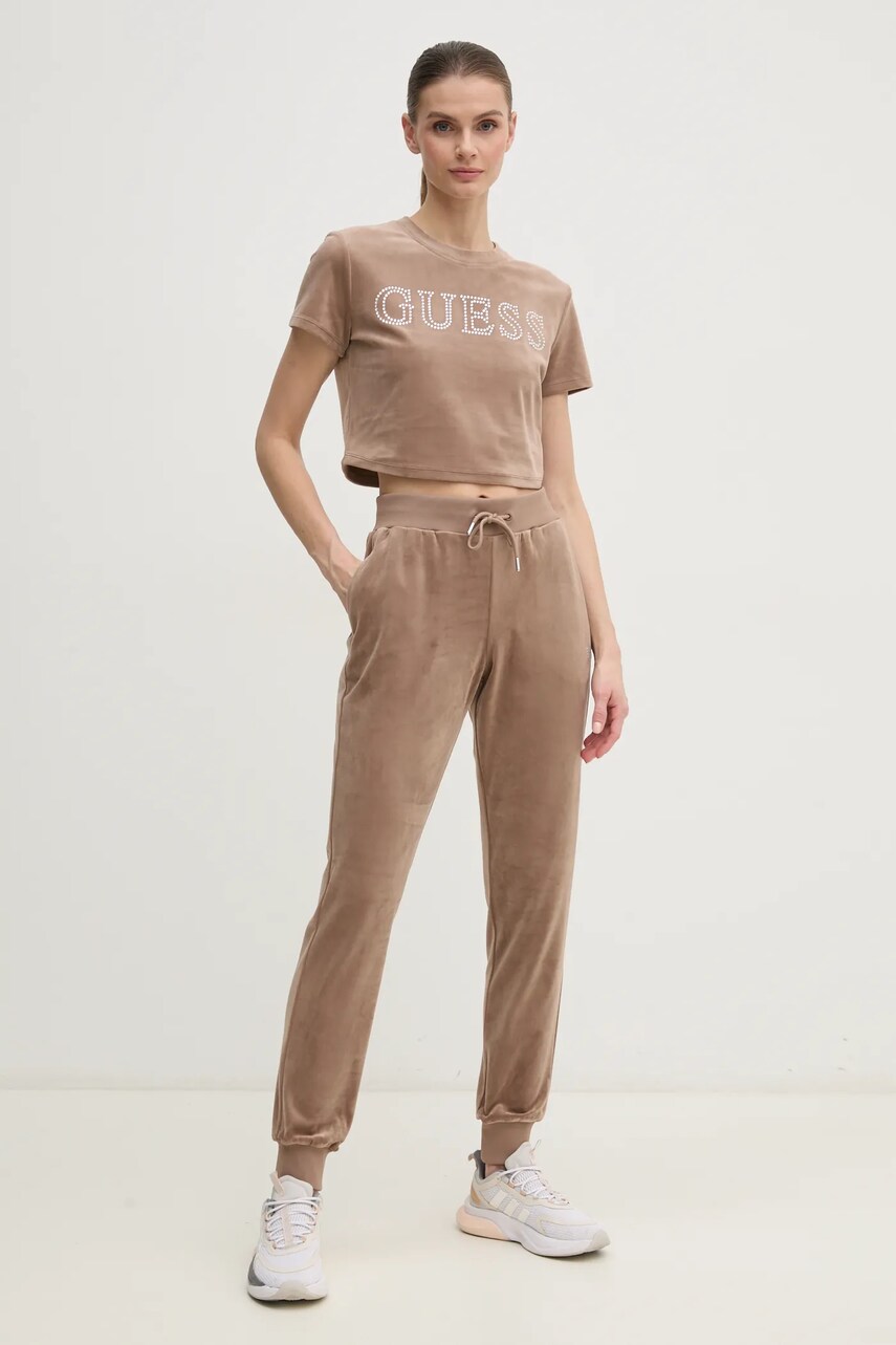 Велюрова футболка Guess COUTURE колір бежевий V3BI01 KBXI2