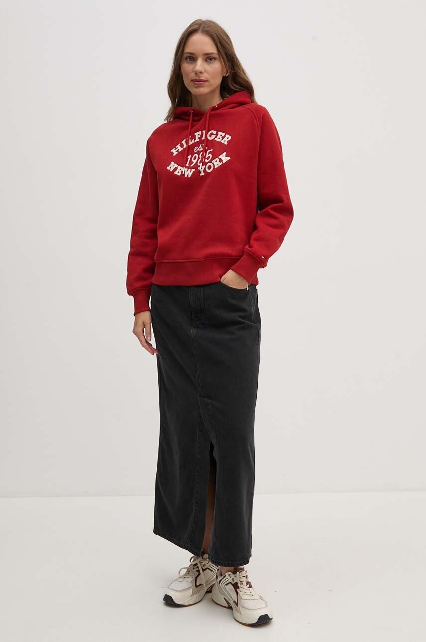 Кофта Tommy Hilfiger жіноча колір бордовий з капюшоном з аплікацією WW0WW42098