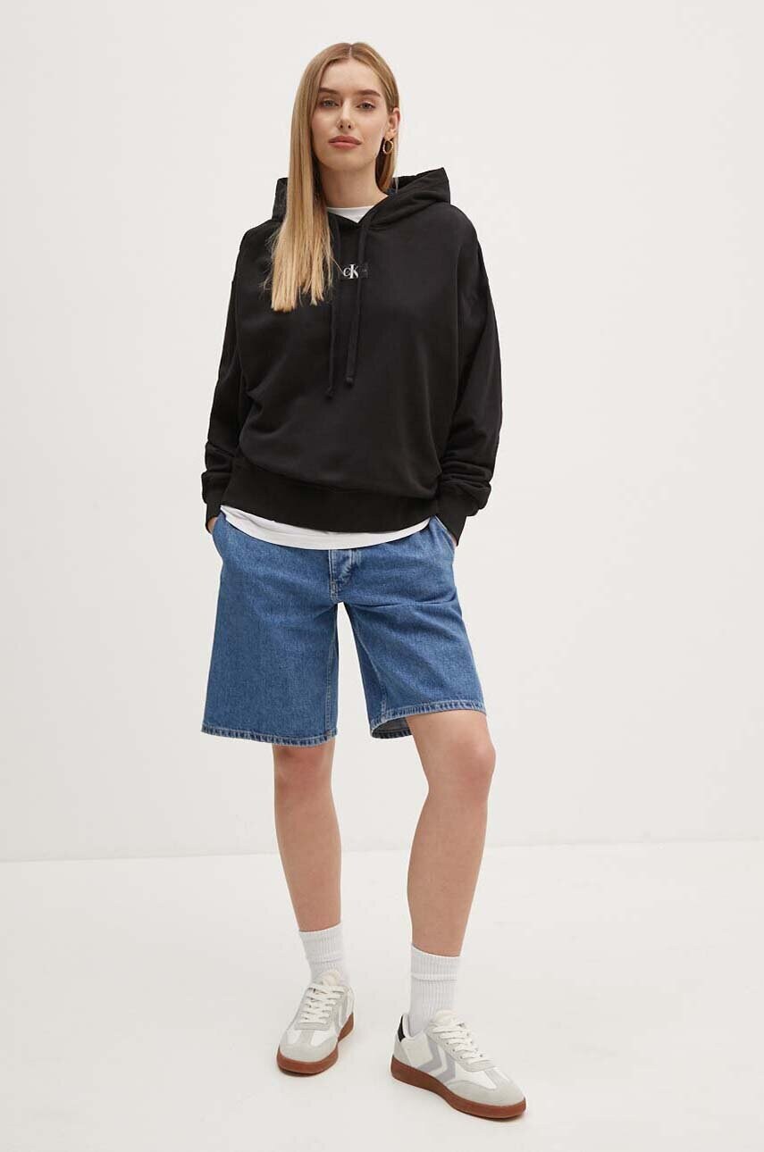 Бавовняна кофта Calvin Klein Jeans жіноча колір чорний з капюшоном з аплікацією J20J224063