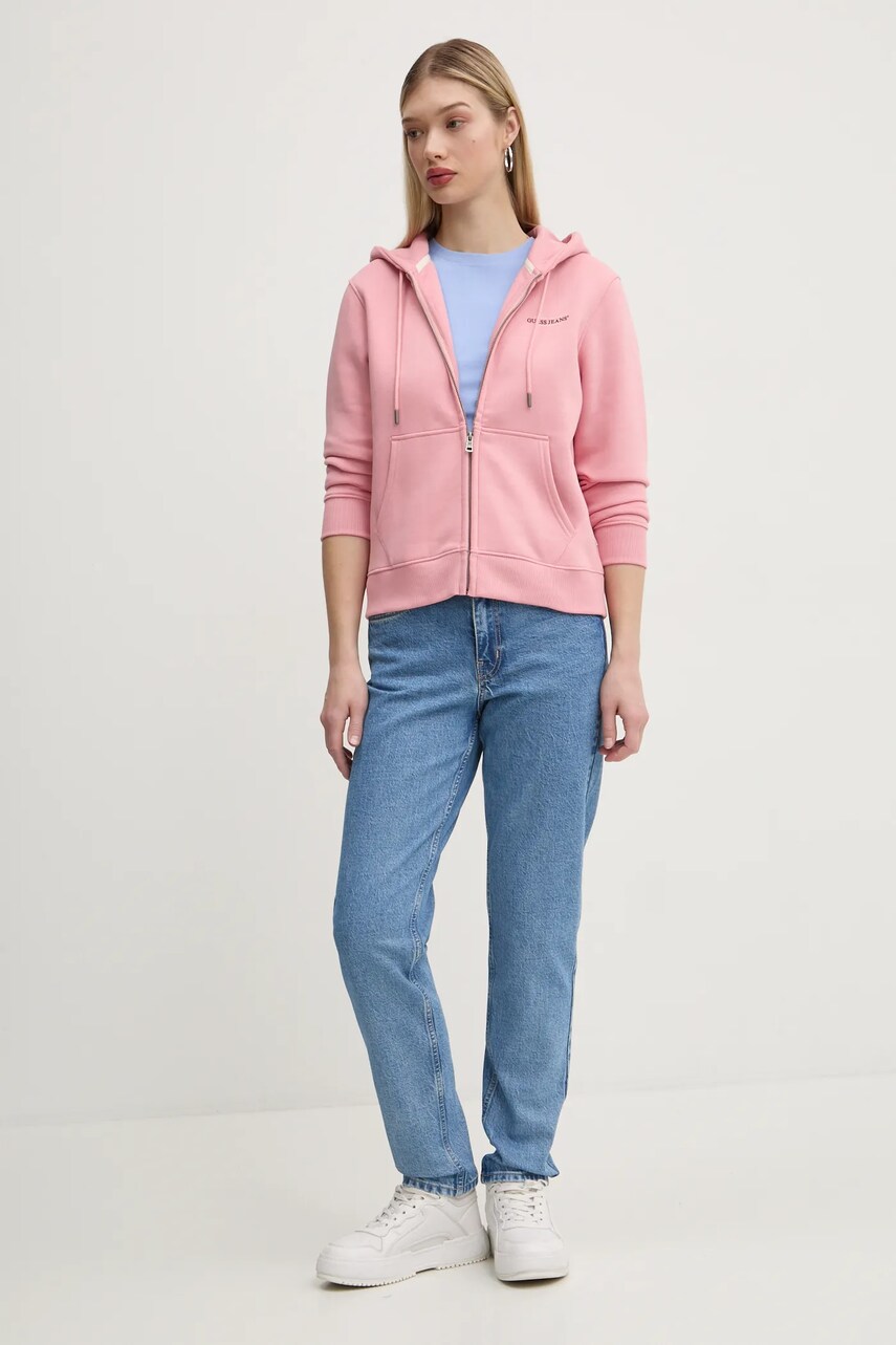 Кофта Guess Jeans жіноча колір рожевий з капюшоном з принтом W4YQ13 KC811