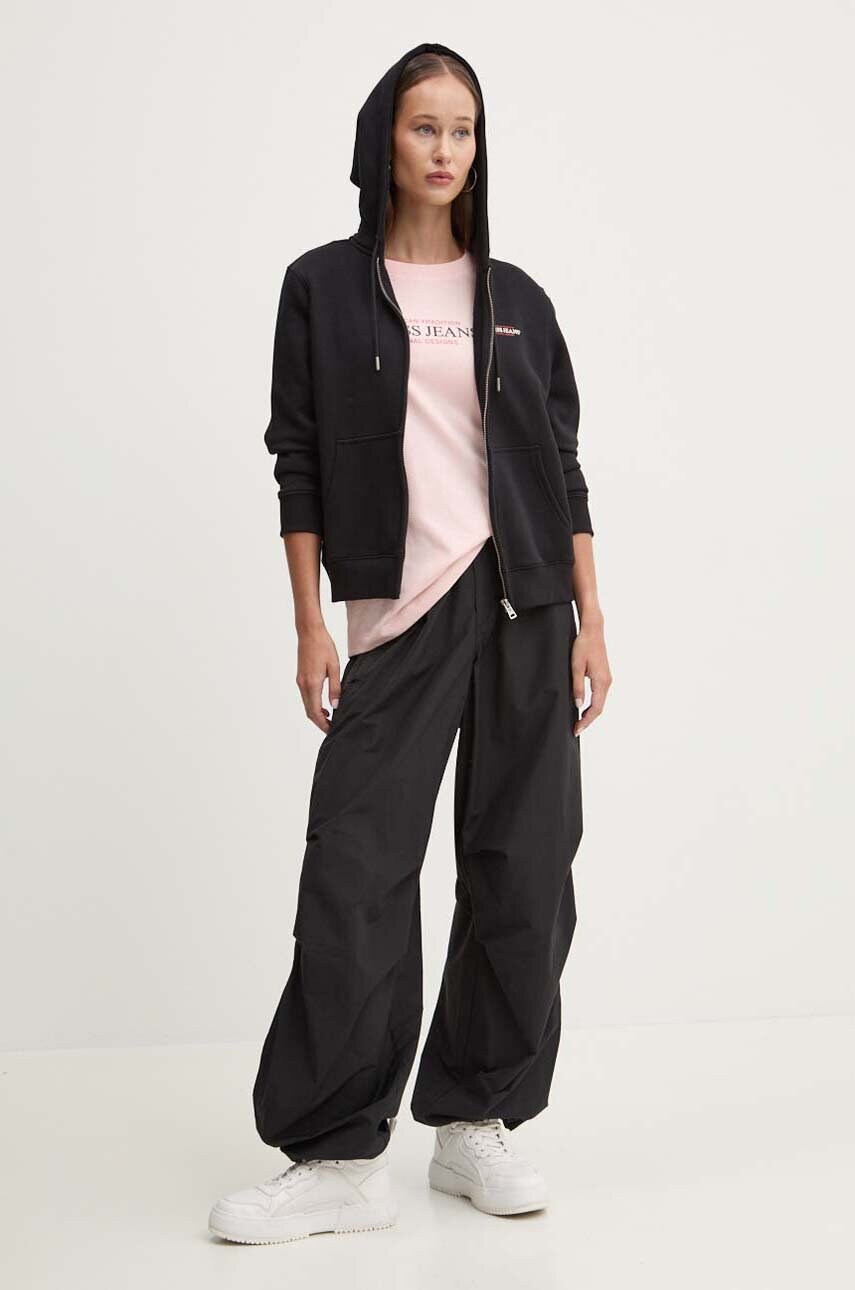 Кофта Guess Jeans жіноча колір чорний з капюшоном з принтом W4YQ13 KC811