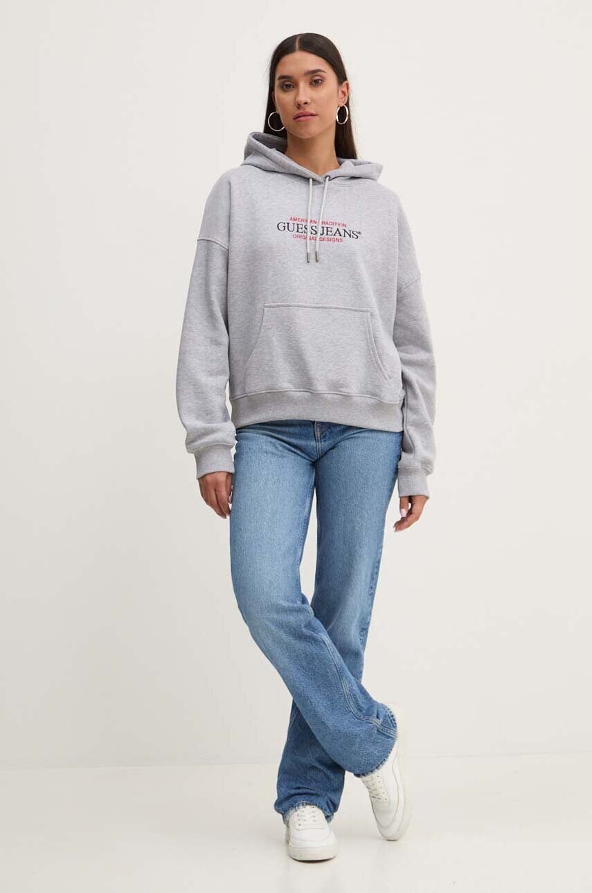 Кофта Guess Jeans жіноча колір сірий з капюшоном з аплікацією W4YQ15 KC811