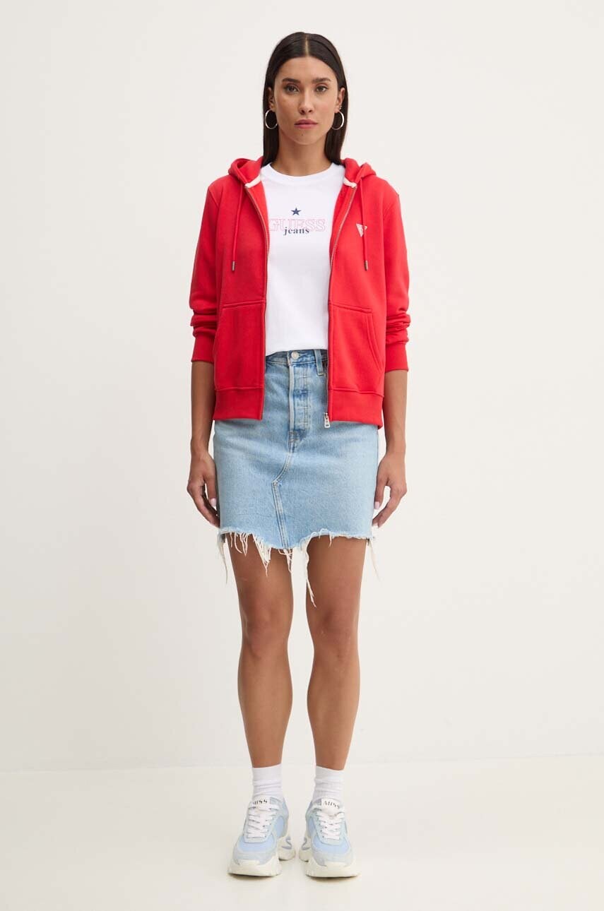 Кофта Guess Jeans жіноча колір червоний з капюшоном однотонна W4YQ03 KC811