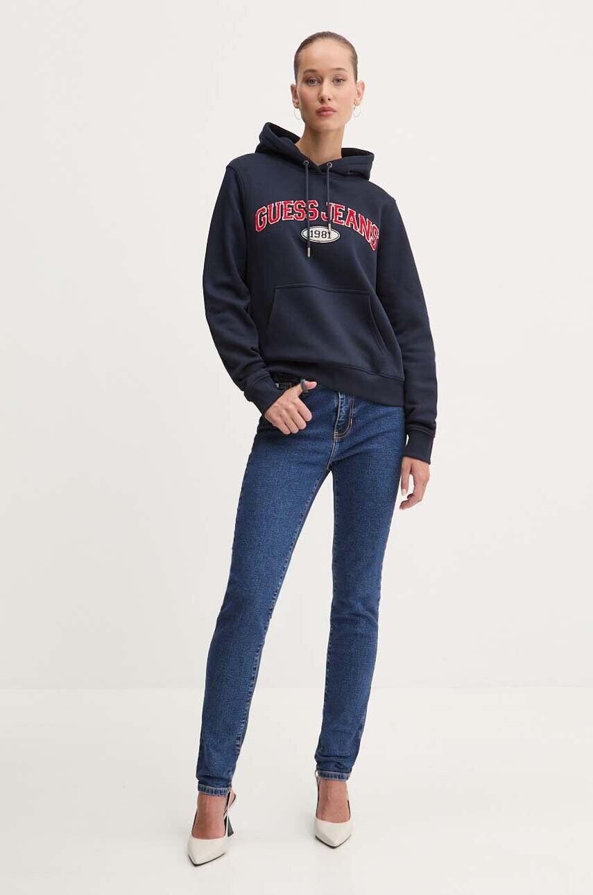 Кофта Guess Jeans жіноча колір синій з капюшоном з аплікацією W4YQ09 KC811