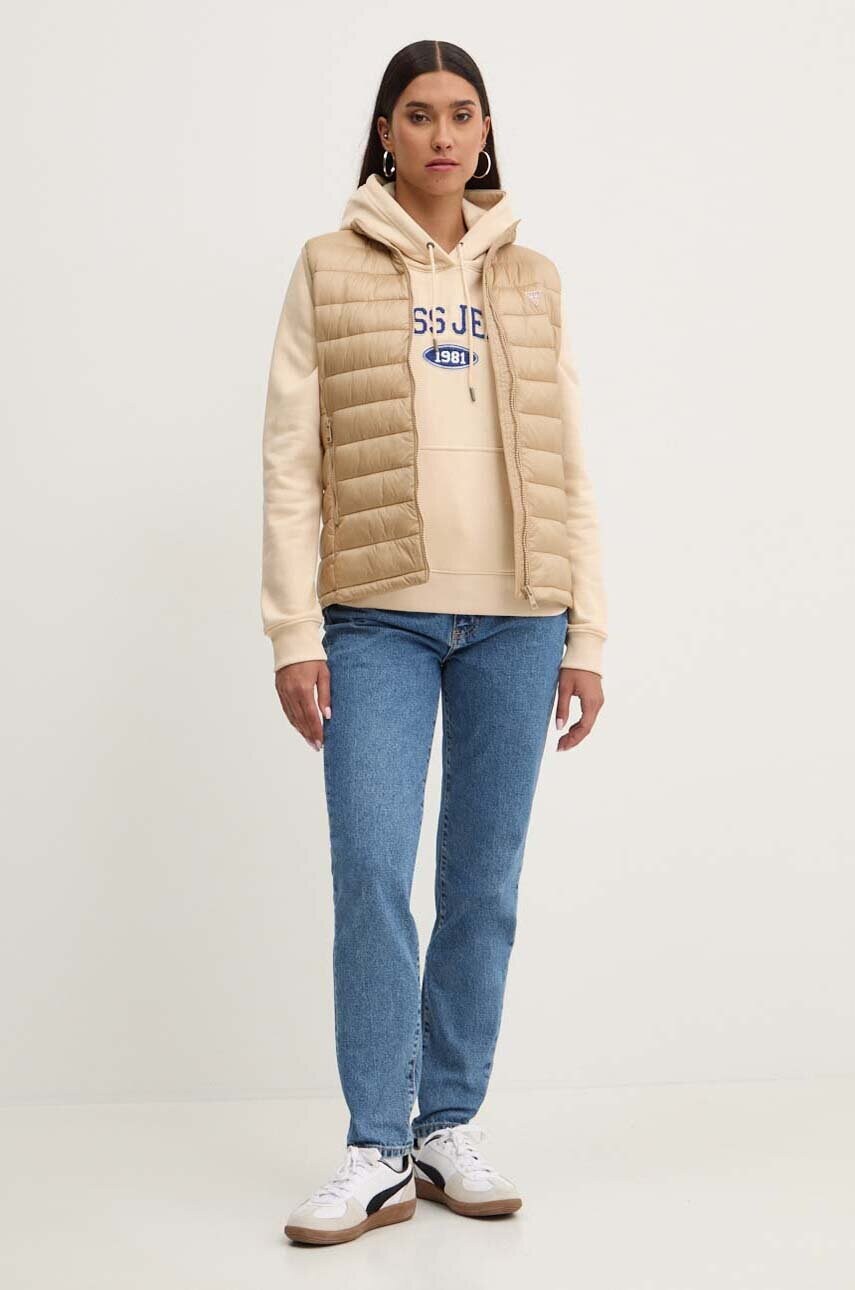 Кофта Guess Jeans жіноча колір бежевий з капюшоном з аплікацією W4YQ09 KC811
