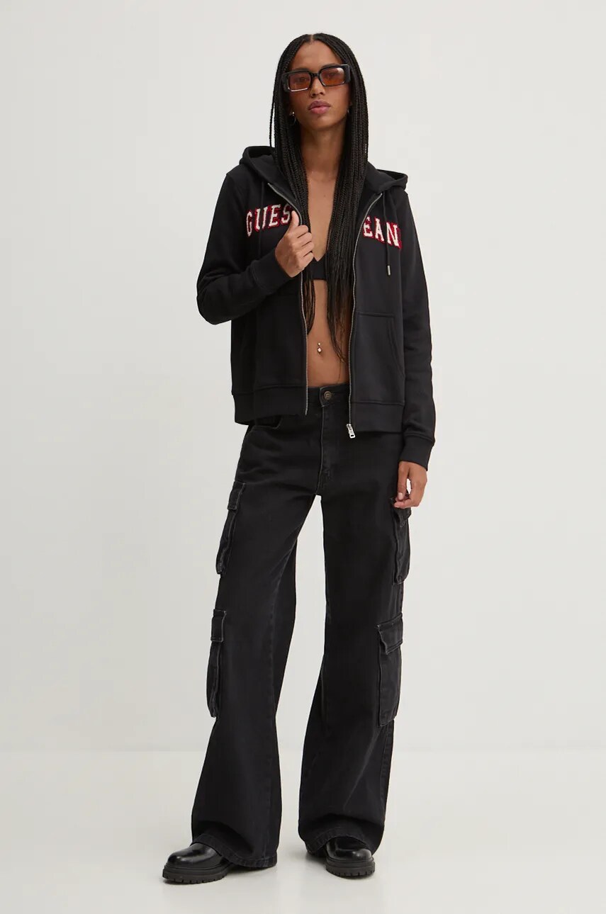 Кофта Guess Jeans жіноча колір чорний з капюшоном з аплікацією W4YQ14 KC811