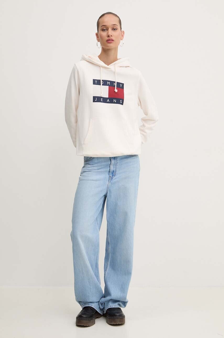 Бавовняна кофта Tommy Jeans жіноча колір бежевий з капюшоном з принтом DW0DW18654