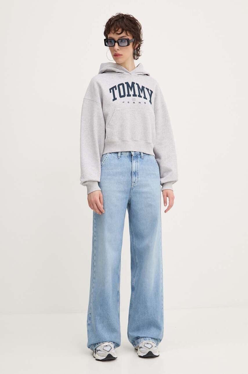Бавовняна кофта Tommy Jeans жіноча колір сірий з капюшоном з принтом DW0DW19291