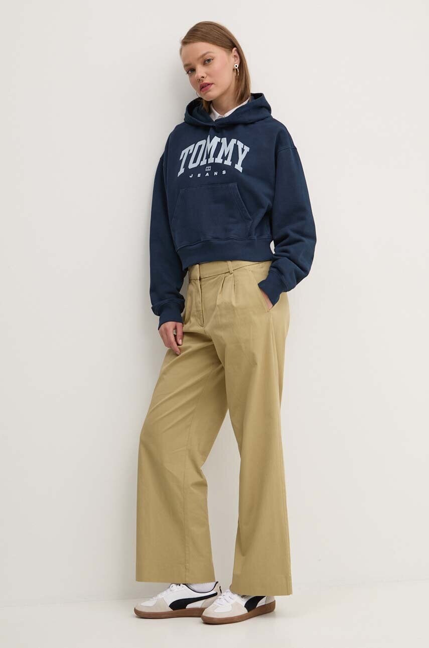Бавовняна кофта Tommy Jeans жіноча колір синій з капюшоном з принтом DW0DW19291