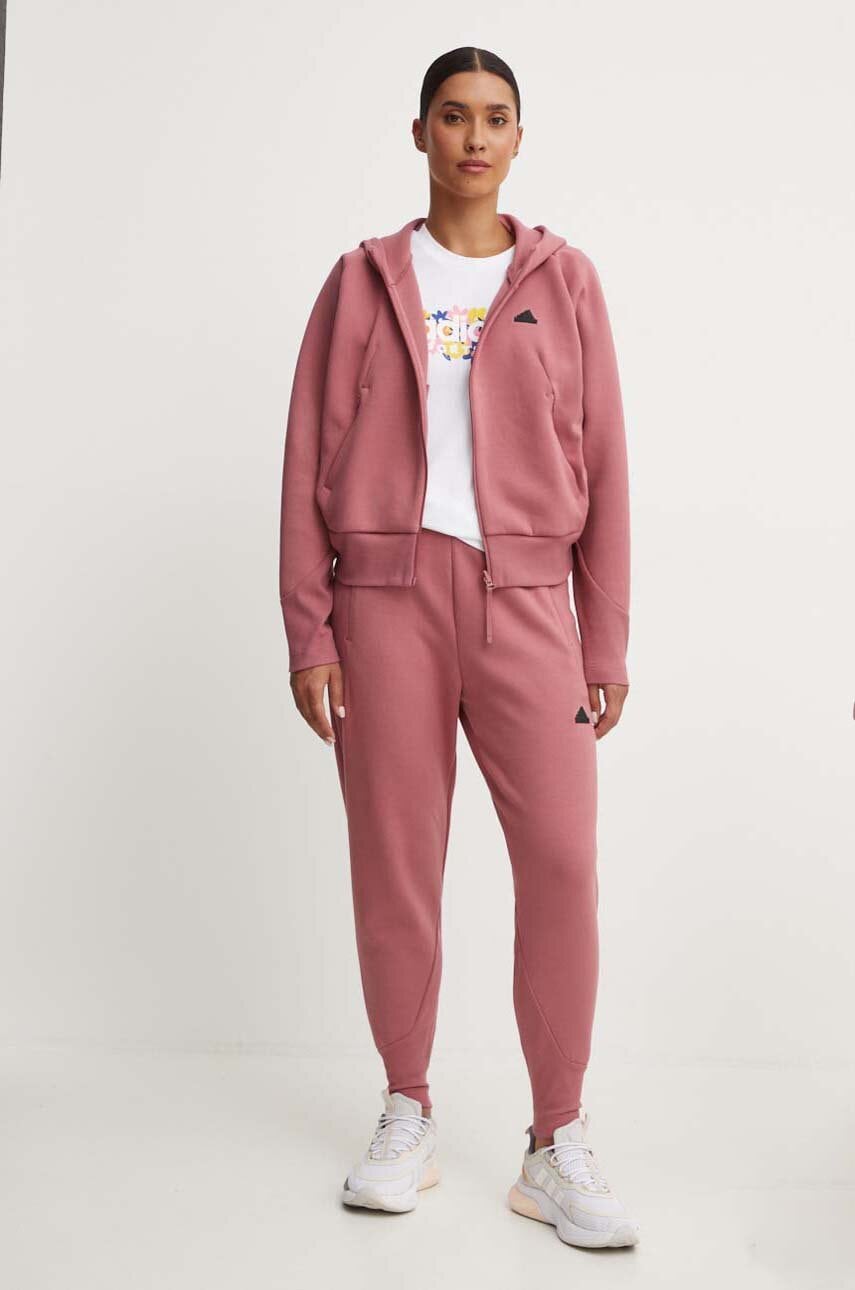 Кофта adidas ZNE жіноча колір рожевий з капюшоном однотонна IW7749