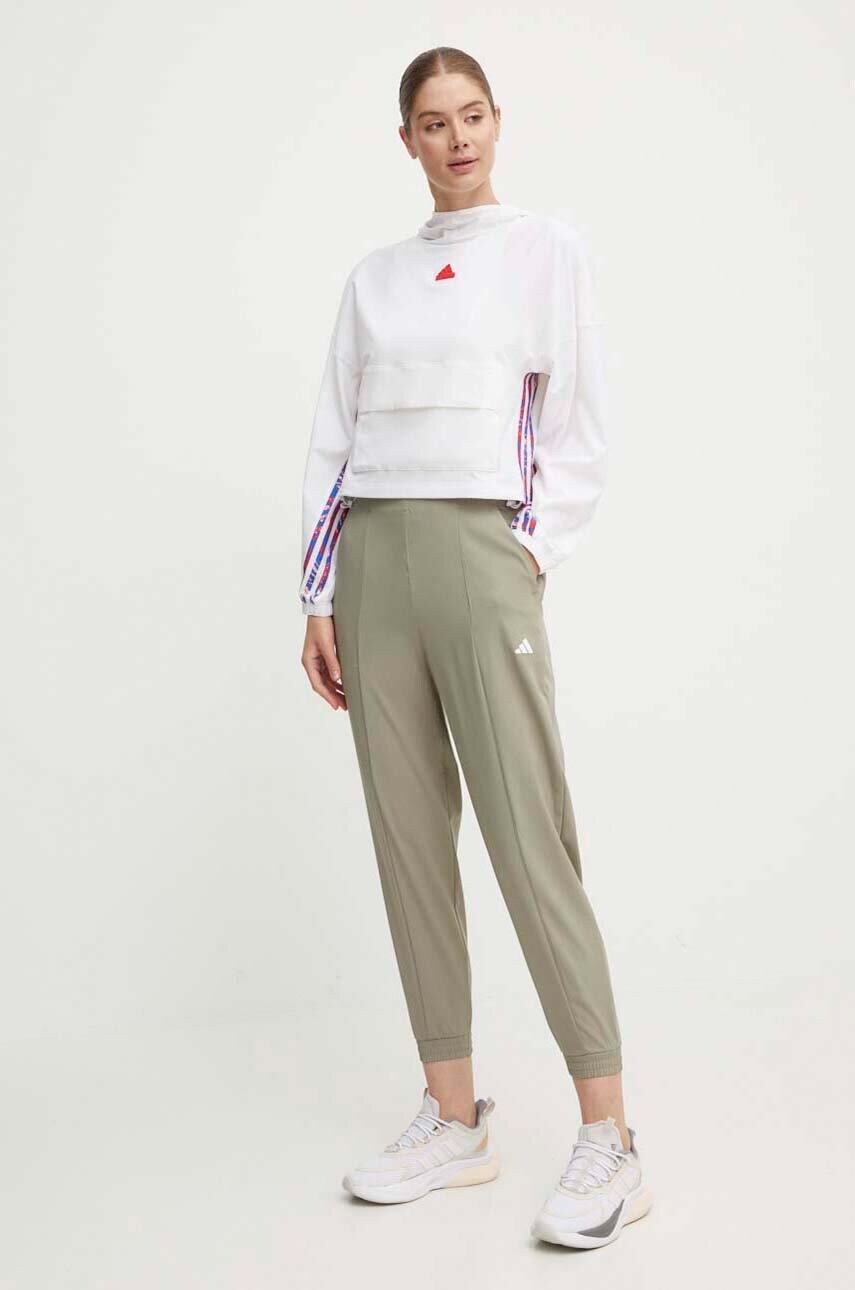Кофта adidas Express жіноча колір бежевий з капюшоном з аплікацією IW8634