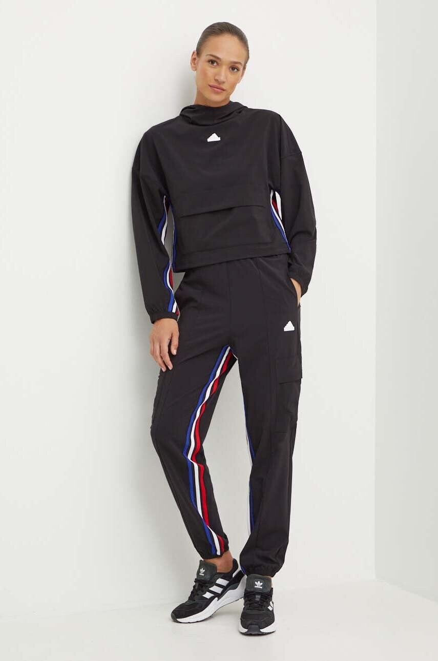 Кофта adidas Express жіноча колір чорний з капюшоном візерунок IX3742