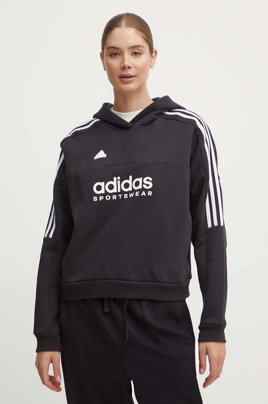 Кофта adidas Tiro жіноча колір чорний з капюшоном з принтом IX3780
